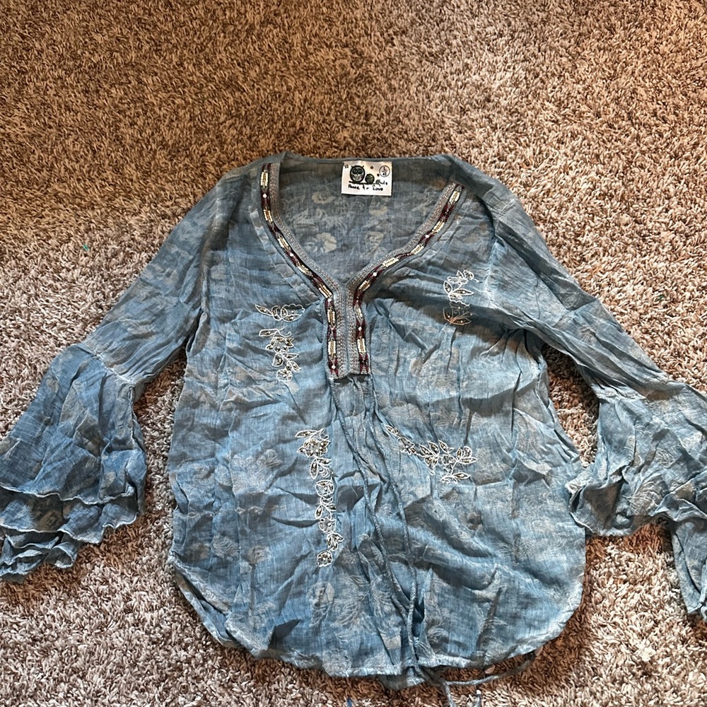 Boho Chic Blue Embroidered Blouse